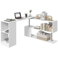 HOMCOM Scrivania Moderna, Angolare e Girevole con Libreria, Tavolo da Pranzo in Truciolato Bianco, 140x120x78 cm(m-1)