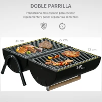 Outsunny Barbacoa de Carbón Portátil Barbacoa Sobremesa con 2 Parrillas Cocina con Asa y Cierre para Asar Picnic Camping Fiesta 42x29x45 cm Negro(m-5)