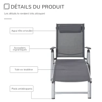 Outsunny Bain de soleil transat pliable dossier inclinable multi-positions têtière fournie alu. textilène gris(m-6)