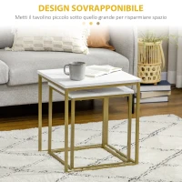 HOMCOM Tavolino da Salotto Set 2 Pezzi Impilabile con Piano in Truciolato e Struttura in Acciaio, Bianco e Oro(m-4)