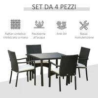 Outsunny Set 4 Sedie da Giardino e Tavolo con Ripiano in Vetro, Arredamento da Esterno in Rattan PE e Metallo, Nero(m-4)