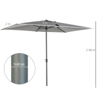 Outsunny 3 x 2m Garden Parasol Umbrella, Outdoor Market Table Umbrella with Aluminium Pole & Crank, Rectangular Tilting Parasol Sun Shade Canopy, Grey(m-3)