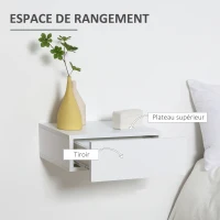 HOMCOM Lot de 2 Tables de Chevet murales - Lot de 2 Tables de Nuit - tiroir Coulissant, Plateau - Panneaux Particules Blanc(m-4)