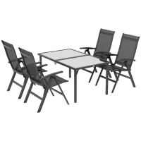 Outsunny Outdoor Sitzgruppe, 4 klappbare Stühle, Tisch mit Glasplatte, verstellbare Rückenlehne, Aluminium, Dunkelgrau(m-1)