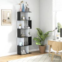 HOMCOM Bibliothèque à 5 niveaux, meuble de rangement en forme de S avec étagères, étagère de rangement pour salon, chambre bureau, 60 x 24 x 184,5 cm, noir, blanc(m-2)