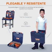 HOMCOM Banco de Herramientas para Niños +3 Años con 68 Piezas Desmontable Portátil Juego de Imitación con Maletín de Herramientas Taladro Martillo 40x43x72 cm Azul y Gris(m-6)