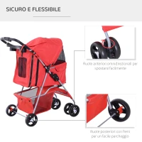 PawHut Passeggino per Cani Piccoli Pieghevole, Carrozzina per Cani con Ruote con Freni, Portabicchieri, Cestino Portaoggetti, 3 Finestre e Ruote Anteriori a 360°, per Animali Domestici 10 kg, Rosso(m-5)