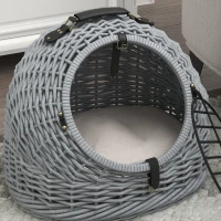PawHut Wicker Pet Carrier Basket Cat Kitten Bed Portable Travel Cage w/ Soft Cushion Handle Grey 50 x 40 x 40 cm(m-9)