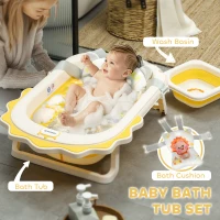 AIYAPLAY Foldable Baby Bath Tub Set with Bath Cushion, Wash Basin, Non-Slip Stand, Bottom, Yellow(m-4)