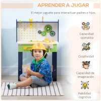 HOMCOM Banco de Herramientas de Madera para 3-6 Años con 27 Accesorios y Herramientas de Juguete 55,3x30x78cm Multicolor(m-7)
