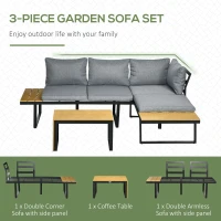 Outsunny 3 Pieces Patio Furniture Set, Outdoor Garden Sofa Conversation Set w/ Padded Cushions, Wood Grain Plastic Top Table and Side Panel, Dark Grey(m-4)
