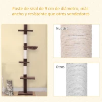 PawHut Árbol para Gatos de Suelo a Techo de 230-260 cm con Altura Ajustable Plataformas Hamaca y Postes de Sisal Marrón(m-6)