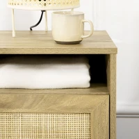 HOMCOM Bedside Table with Rattan Element, Side End Table with Shelf and Cupboard, 39cmx35cmx60cm, Natural(m-8)