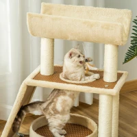 PawHut Árbol Rascador para Gatos 60x30x76 cm con Cama de Lino Postes Rascadores de Sisal Natural Plataforma Tipo Túnel Rampa y Juguetes Colgantes Beige y Marrón(m-9)