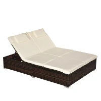 Outsunny Lit de jardin modulable bain de soleil 2 places grand confort pare-soleil amovible matelas tétière crème résine tressée 4 fils chocolat(m-8)