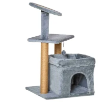 PawHut Tiragraffi per Gatti con Pali in Juta, Casetta e Cuscino, Rivestimento Peluche, Altezza 84cm, Grigio(m-10)