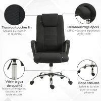 HOMCOM HOMCOM Fauteuil de bureau à roulettes chaise manager ergonomique pivotante hauteur réglable lin noir(m-5)