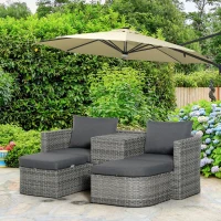 Outsunny 3 Piece Rattan Garden Furniture Set with Cushions, Patio Wicker Conversation Double Chaise Lounge Furniture Set with Convertible Middle Table, Mixed Grey(m-2)
