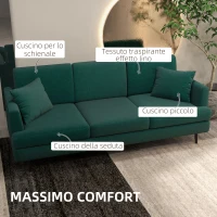 HOMCOM Divano 3 Posti in Tessuto con 2 Cuscini e Imbottitura Spessa, 229x88x88cm, Verde(m-4)
