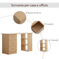 HOMCOM Scrivania Porta PC con 3 Cassetti e 3 Ripiani, Scrivania per Camera e Ufficio 120x49x72cm Legno Naturale(m-7)