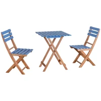 Outsunny Ensemble bistro de jardin 3 pièces avec 1 table et 2 chaises pliantes en bois de pin - bleu(m-1)