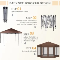 Outsunny 3.5m x 4m Hexagonal Pop Up Gazebo, Canopy Tent Sun Shelter for Patio Outdoor Party, Height Adjustable, with Mosquito Netting and Carry Bag - Brown(m-5)