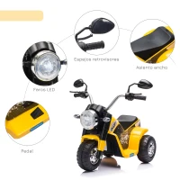 HOMCOM Moto Eléctrica Infantil con 3 Ruedas Moto Eléctrica para Niños de 18-36 Meses Triciclo a Batería 6V con Faro Bocina 72x57x56 cm Amarillo(m-6)