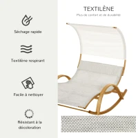 Outsunny Bain de Soleil transat de jardin chaise longue en bois Design à Bascule 2 pers. tétière & Pare-Soleil Inclus Bois pin pré-huilé textilène dim. 190L x 135l x 185H cm crème chiné(m-5)