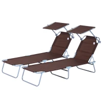 Outsunny 2 Pieces Outdoor Foldable Sun Lounger, 4 Level Adjustable Backrest Reclining Sun Lounger Chair with Angle Adjust Sun Shade Awning for Beach, Garden, Patio, Brown(m-11)