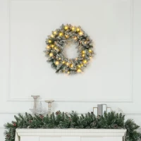 HOMCOM Weihnachtskranz mit LED-Beleuchtung, roten Beeren, realistisches Aussehen, Ø60 x 10 cm, Grün(m-2)