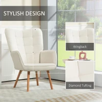 HOMCOM Modern Accent Chair, Upholstered Tufted Wingback Armchair with Seat Padding, Velvet Leisure Lounge Bedroom Chair with Wood Legs, Cream White(m-5)