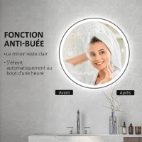 kleankin Miroir rond lumineux LED de salle de bain Ø 80 cm mural avec éclairage 3 couleurs interrupteur tactile 46W blanc argent(m-6)