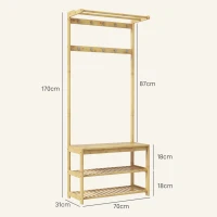 HOMCOM Mobile Appendiabiti 3 in 1 in Bambù con 10 Ganci, 2 Aste e Panca Scarpiera, 70x31x170 cm, Marrone(m-3)