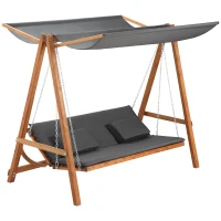 Outsunny Hollywoodschaukel mit Bettfunktion 3-Sitzer Gartenschaukel Holzschaukel mit verstellbarem Sonnendach Schaukelbank belast 250kg Gartenliege für Terrasse, 225,5 x 113 x 180 cm Grau+Teak(m-13)