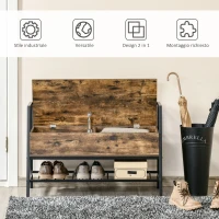 HOMCOM Mobile Scarpiera in Stile Industriale con Vano, Panca Scarpiera Vintage Salvaspazio in Legno e Metallo, Marrone Rustico, 90x37x60cm(m-5)