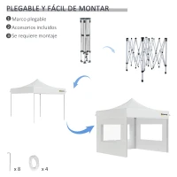 Outsunny Carpa Plegable 3x3 m con Altura Ajustable Cenador de Jardín con 4 Paredes Extraíbles de Tela Oxford 4 Ventanas y Bolsa de Transporte Impermeable Gazebo para Exterior Terraza Camping Blanco(m-4)