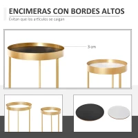 HOMCOM Juego de 2 Mesas de Café Moderno Set de 2 Mesas de Centro Apilables Estructura de Metal Dorado Sala de Estar Ø39x63 cm y Ø30,8x56 cm Encimera Negro y Blanco(m-5)