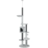 PawHut Kratzbaum mit Deckenspanner, Hängematte, Haus, Plattformen, Spielball, 225-255cm, Grau(m-1)