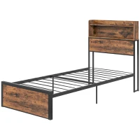 HOMCOM Industrial Single Bed Frame, 3.1FT Steel Bed Base with Storage Headboard, Footboard, Slatted Support and Under Bed Storage, 95 x 209cm, Rustic Brown(m-11)