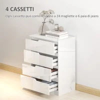 HOMCOM Cassettiera 4 Cassetti Moderna e Minimal in Legno, 60x40x85 cm, Bianco Lucido(m-4)