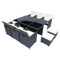 Outsunny Ensemble salon de jardin encastrable 10 places 6 fauteuils monoblocs 4 tabourets coussins déhoussables crème table plateau verre trempé résine tressée 4 fils noire(m-1)