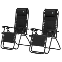 Outsunny Zero Gravity Lounger Chair Set of 2, Folding Reclining Patio Chair with Padded Seat, Cup Holder, Soft Cushion and Headrest for Poolside, Camping, Black(m-11)