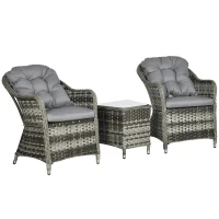Outsunny 3 Pieces Rattan Bistro Set, Wicker Garden Bistro Set, Glass Top Balcony Table and Chairs with Cushions for Outdoor, Patio, Balcony, Grey(m-12)