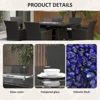 Outsunny 7 Pieces Outdoor Rattan Garden Furniture with Fire Pit Table, 6 Seater Garden Table and Chairs with Cushions, Rattan Dining Set with Propane Heater Table, Windscreen, 50,000 BTU, Black(m-7)