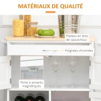 HOMCOM Desserte de cuisine multi rangements 2 placards tiroir casier 9 bouteilles MDF blanc plateau bois caoutchouc(m-6)