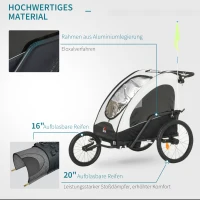 HOMCOM 3 in 1 Kinderanhänger Aluminium Kinder Jogger Fahrradanhänger Radanhänger für 2 kinder mit Fahne Weiß+Schwarz 150 x 85 x 107 cm(m-7)