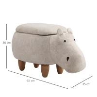 HOMCOM Pouf Contenitore a Forma di Ippopotamo con Gambe in Legno e Rivestimento Bianco Crema, per Cameretta 65x35x36cm(m-3)