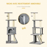 PawHut Arbre à chat griffoir grattoir tour de jeu avec niche plate-formes balle suspendue hauteur 125 cm gris(m-6)