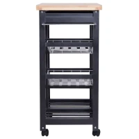 HOMCOM Küchenwagen Küchenrollwagen Servierwagen mit ausziehbarem Korb Schublade Weinablage Küchentrolley rollbar Holz schwarz 74 x 37 x 76 cm(m-7)