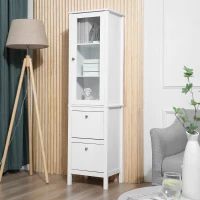 kleankin Armario Alto para Baño Mueble Columna de Baño con Puerta de Cristal Estantes Ajustables y 2 Cajones 43x35x160 cm Blanco(m-7)